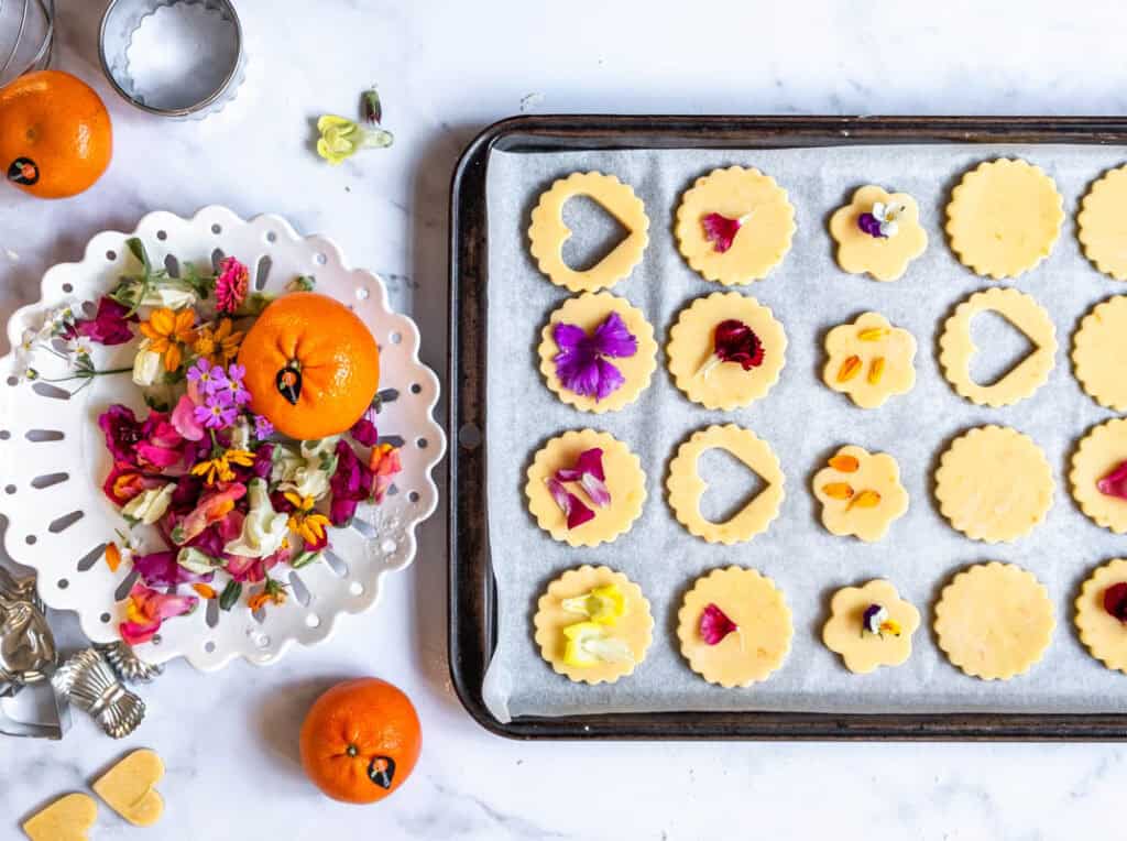 Shortbread Style Jam Sandwich Cookies on a baking tray and ready for baking 