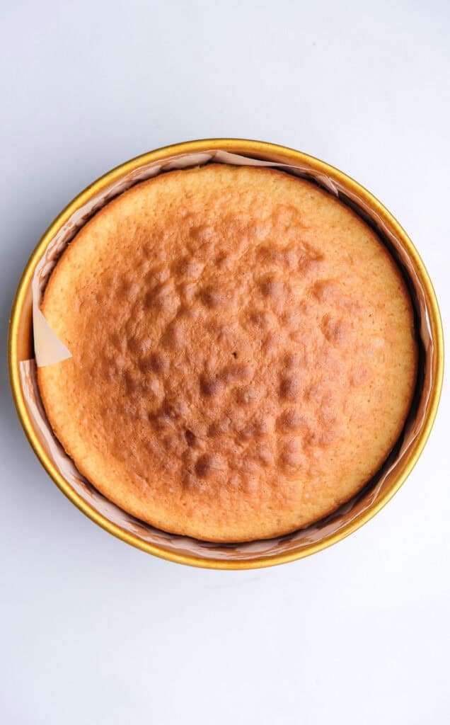 Image showing step 7, the batter in a cake pan after baking.